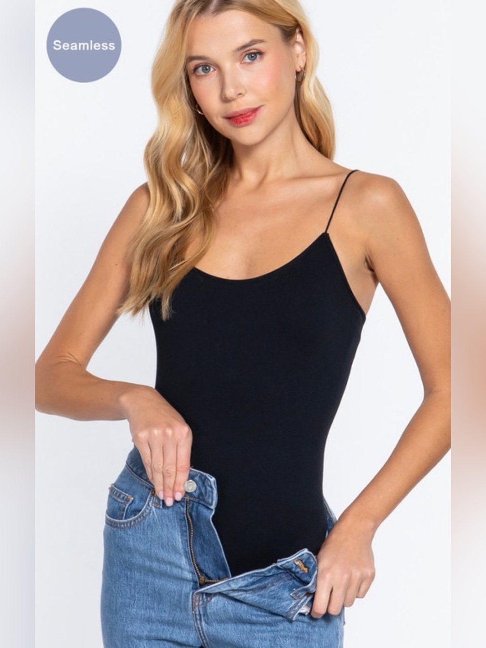 Seamless Black Spaghetti-Strap Glimmer Bodysuit